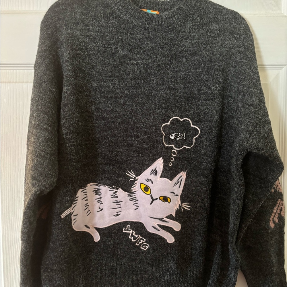 Gray Sweater with Cat Design